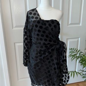 NWT Venus Swiss Dot mesh one shoulder wrap black dress size 14